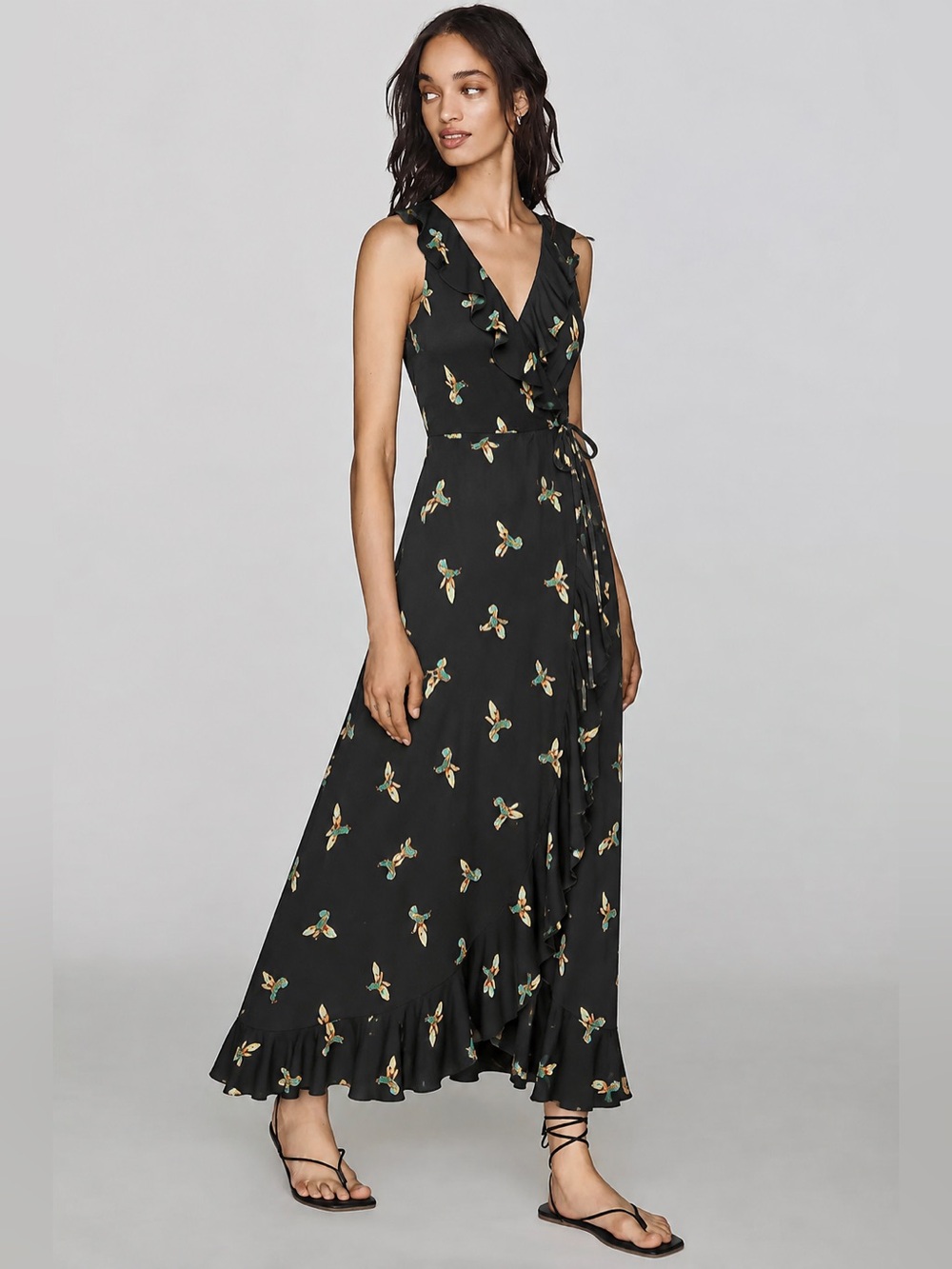 Black Floral Ruffle Wrap Maxi Dress